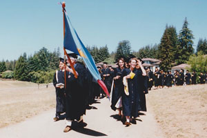 A friend from the beginning of college to its end, Stevenson graduations could always be recognized by Nick's tradition of holding the Stevenson flag and marching them forward.